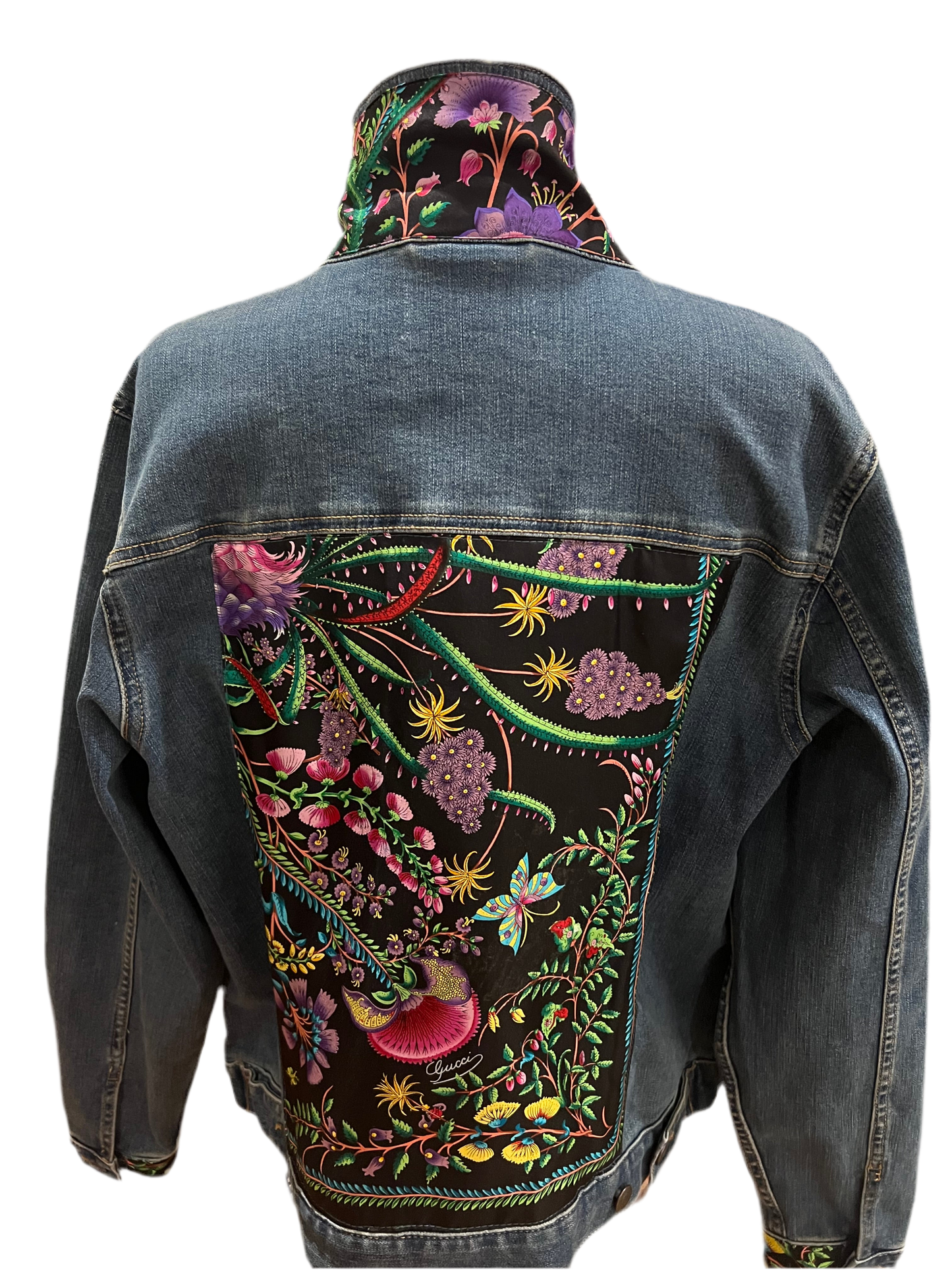 GG Designer Botanical Black Scarf on Blue Denim Jacket