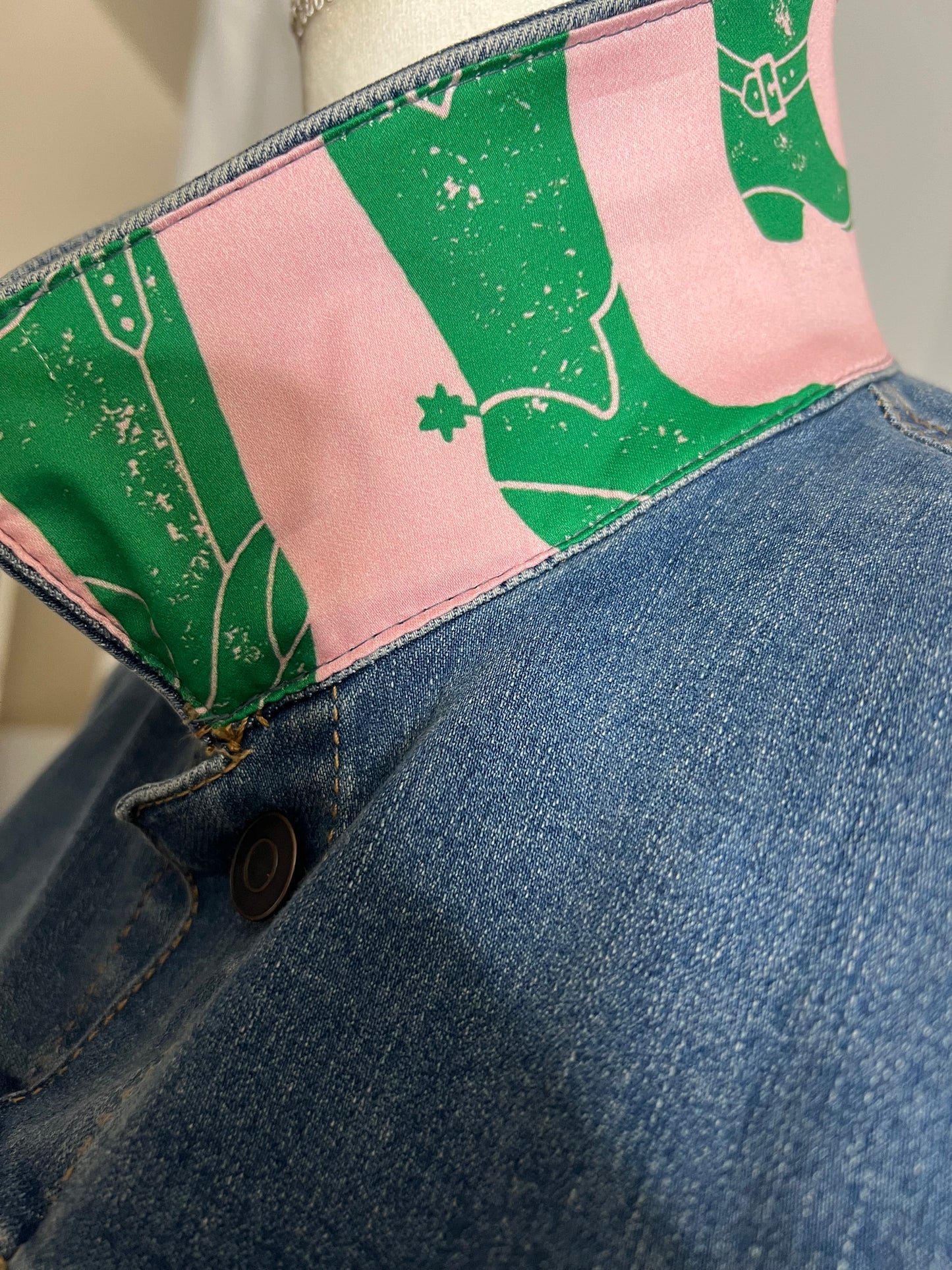 Cowgirl Boots Pink and Green on denim jacket