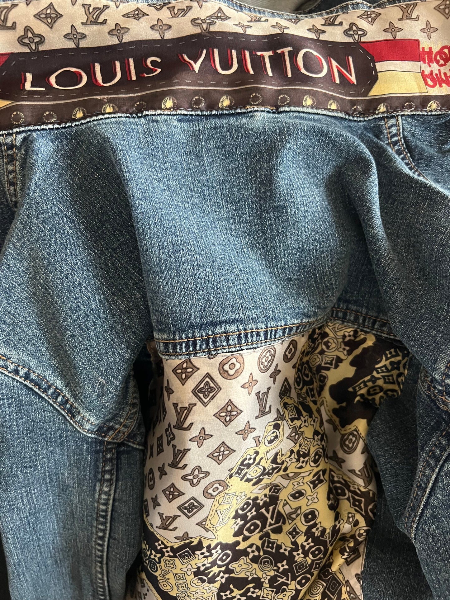 Designer Scarf on Denim Jacket Size Small