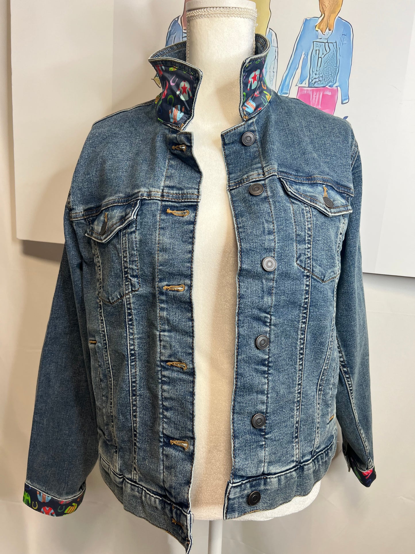 Navy Jockey Silks on Denim Jacket