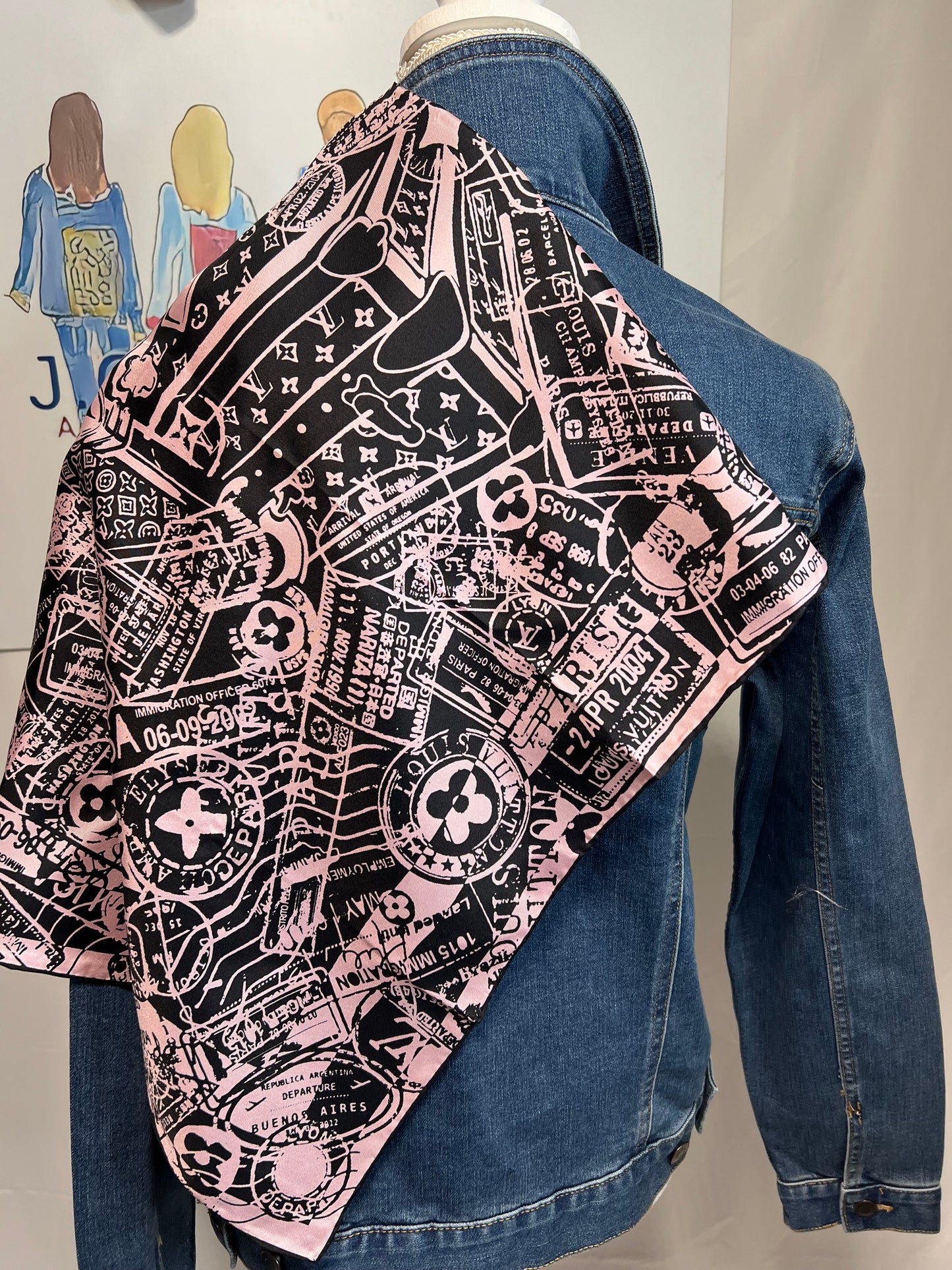 L V Trunks and Bags Pink and Black Scarf on denim Jacket