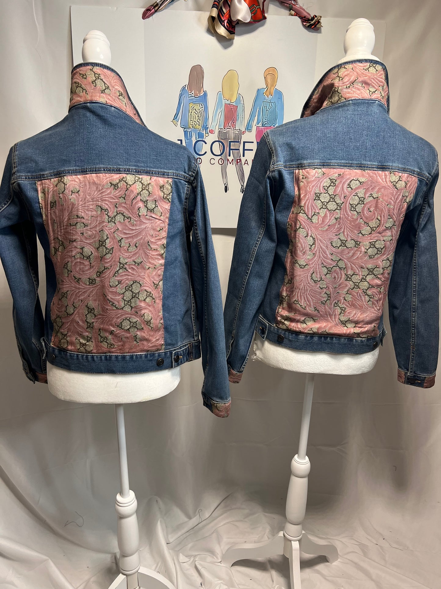 Pink and Tan Monogram Scarf on Denim Jacket