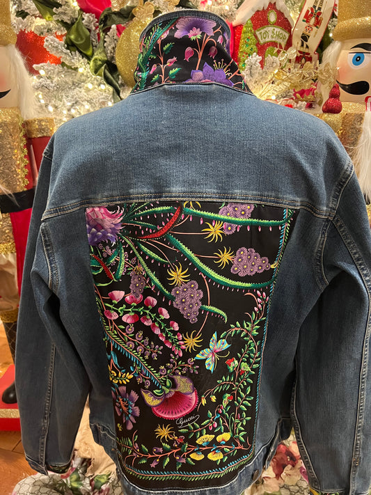 GG Designer Botanical Black Scarf on Blue Denim Jacket