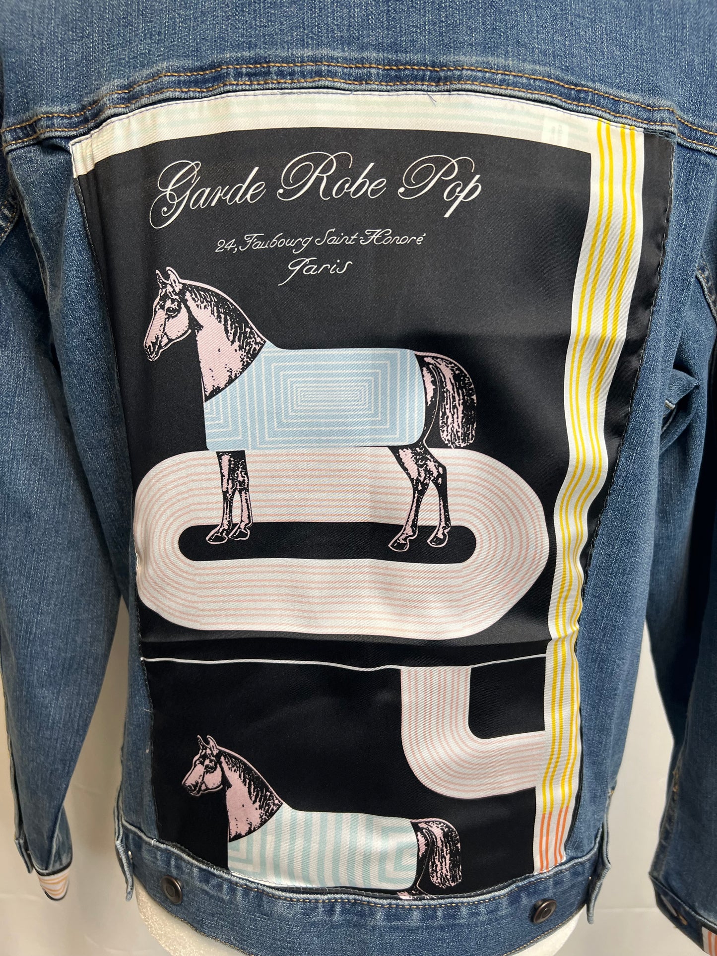 Horse Track French Scarf Classic Equestrian Pink/BLack on blue Denim Jacket