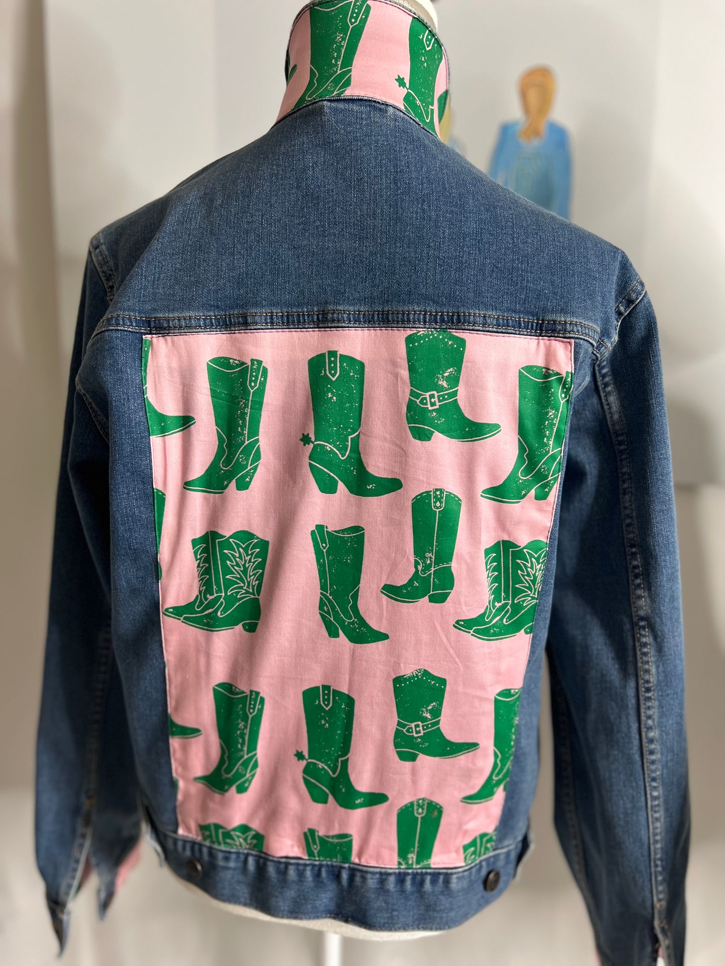 Cowgirl Boots Pink and Green on denim jacket