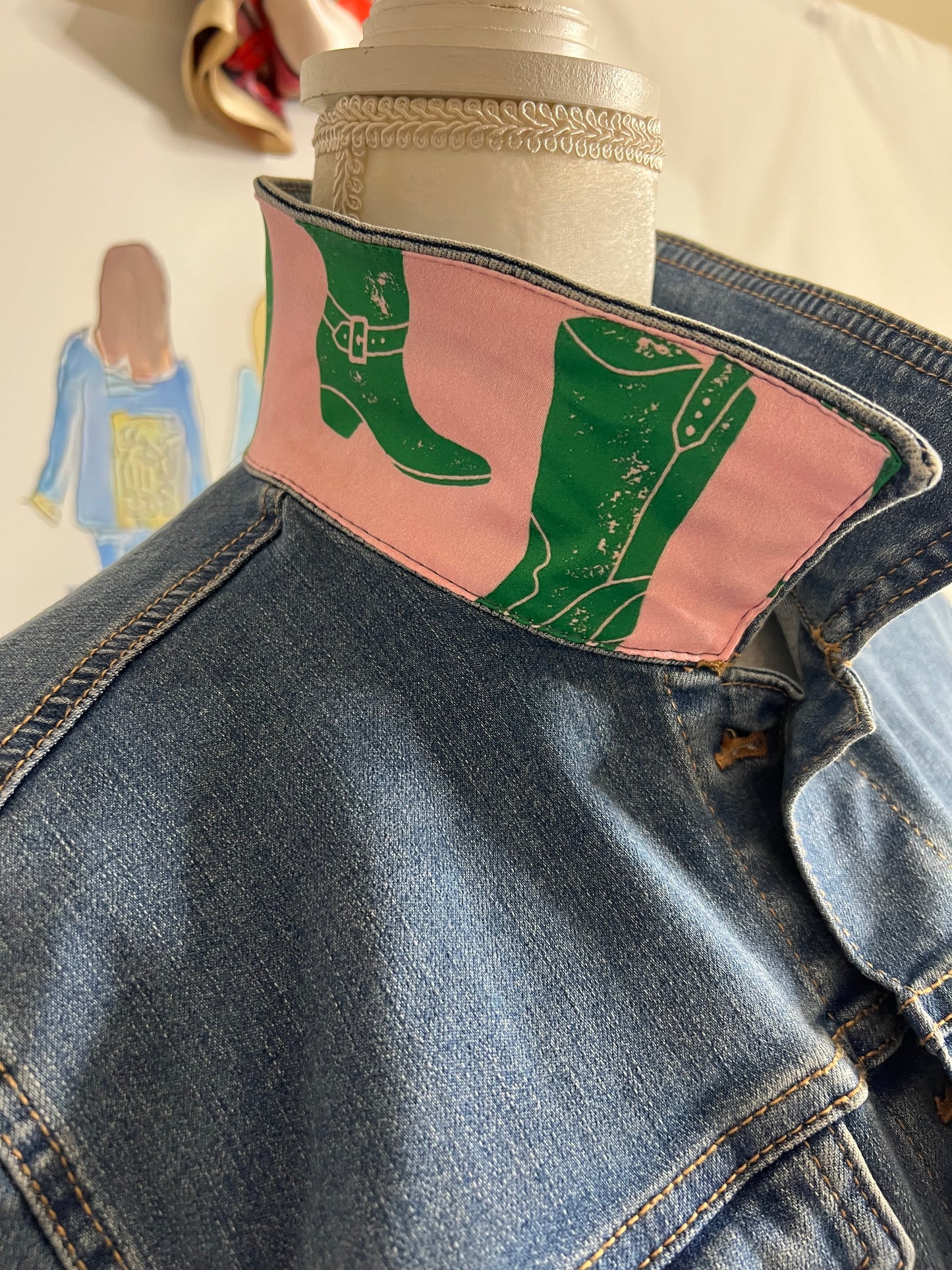 Cowgirl Boots Pink and Green on denim jacket