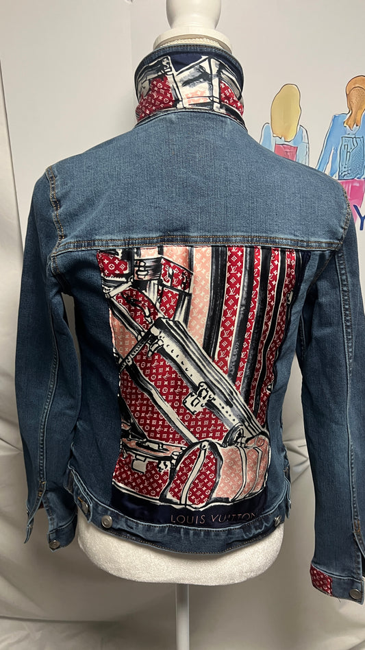 LV Trunks and Bags Red and Navy Scarf on denim Jacket