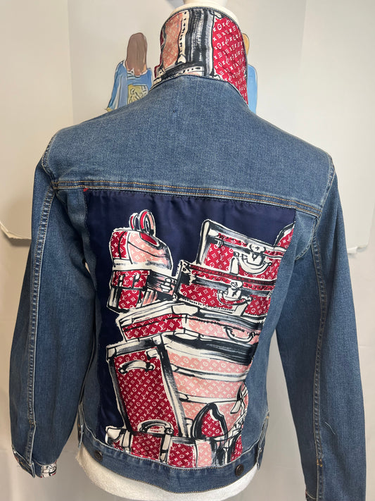 LV Trunks and Bags Red and Navy Scarf on denim Jacket