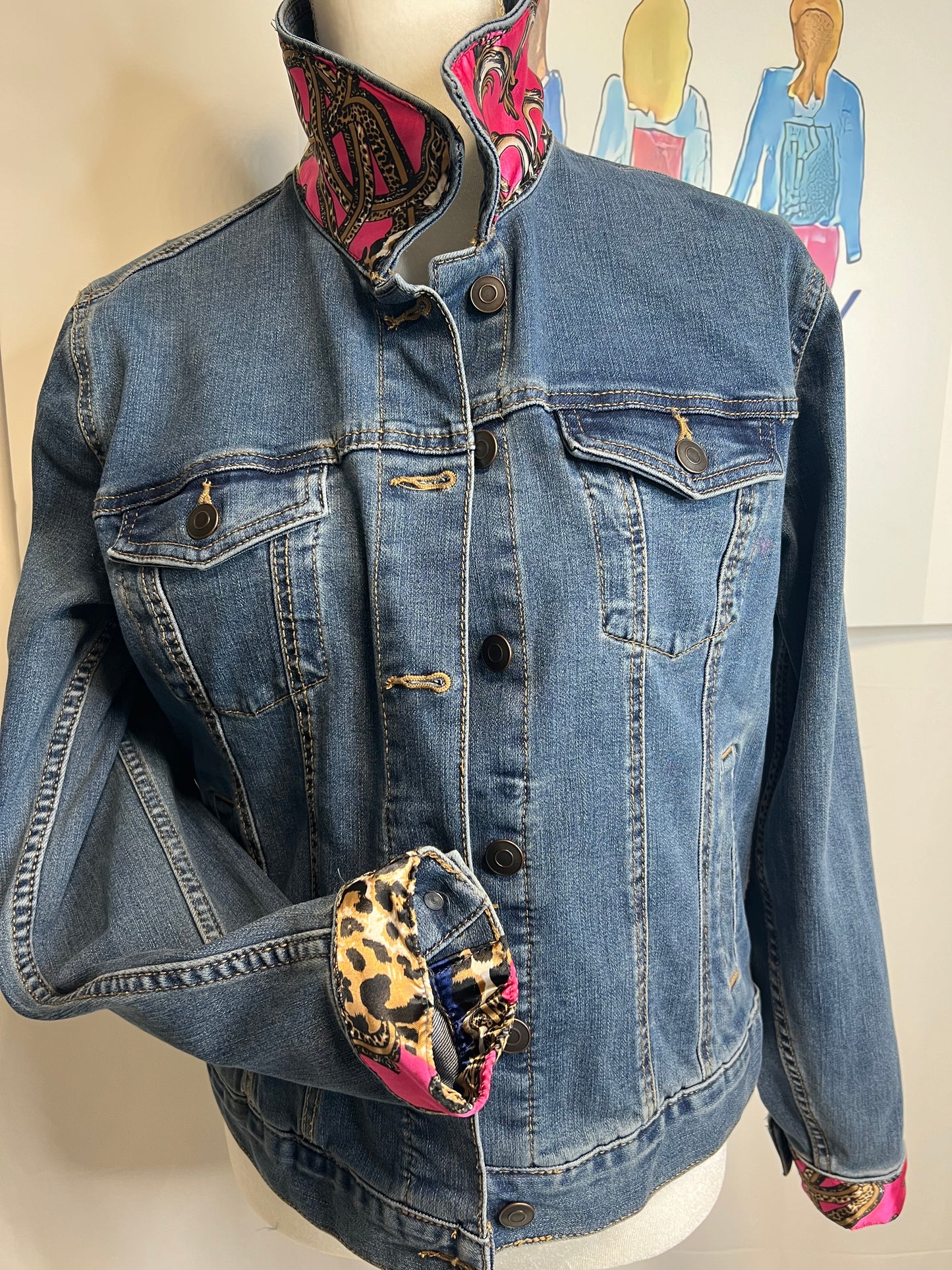 Sale XL and LG Hot Pink and Leopard Denim Jacket