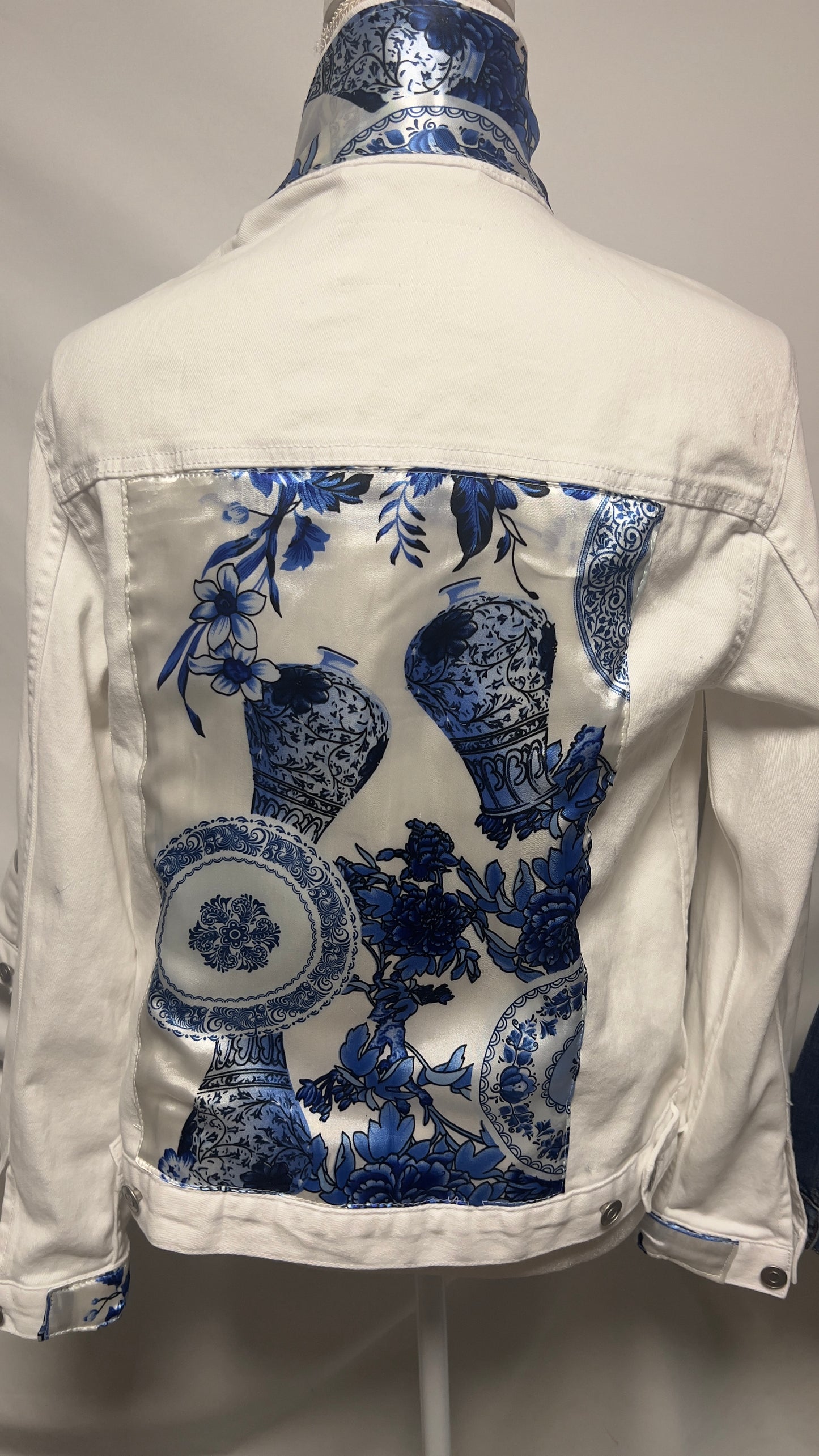 Grand Millennial Blue & White Chinoiserie Scarf on  Denim Jacket