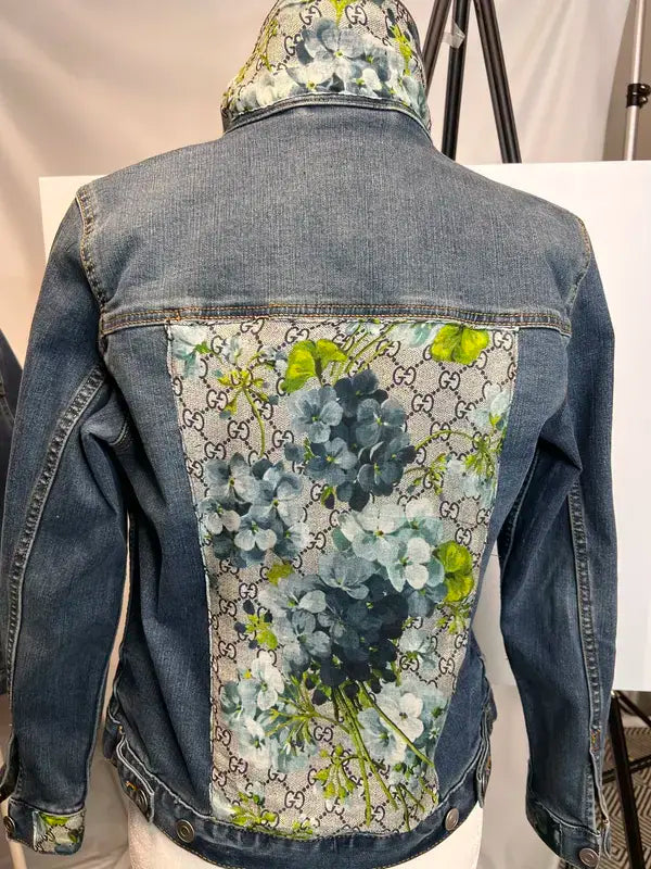 Monogram Hydrangea Blue Bloom Scarf on Denim Jacket XXL SALE