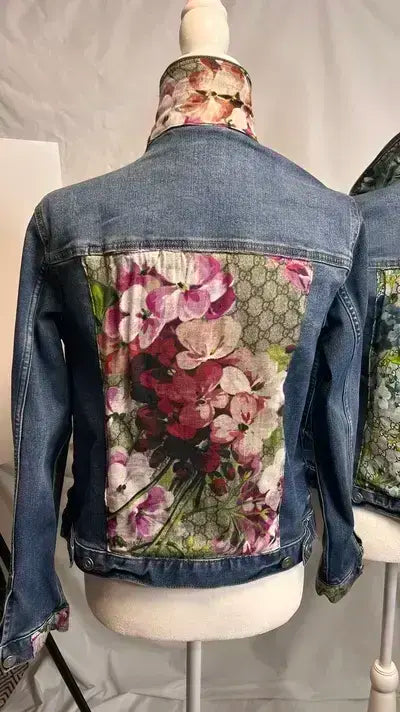 GG Monogram Pink Hydrangea Bloom Scarf Denim Jacket