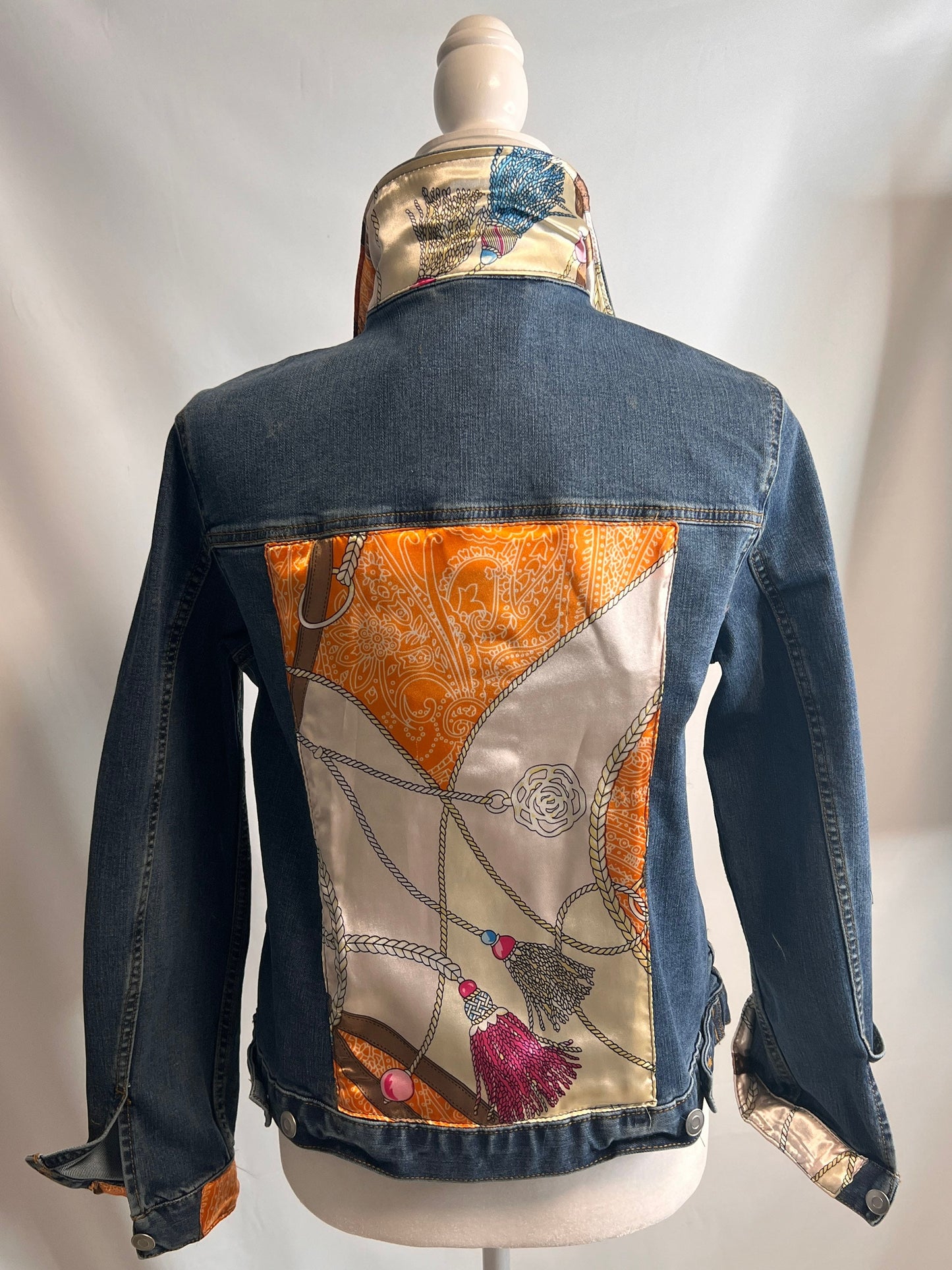 Pink and Orange Tassels Denim Jacket Silk Scarf Designer Scarf Jean Jacket