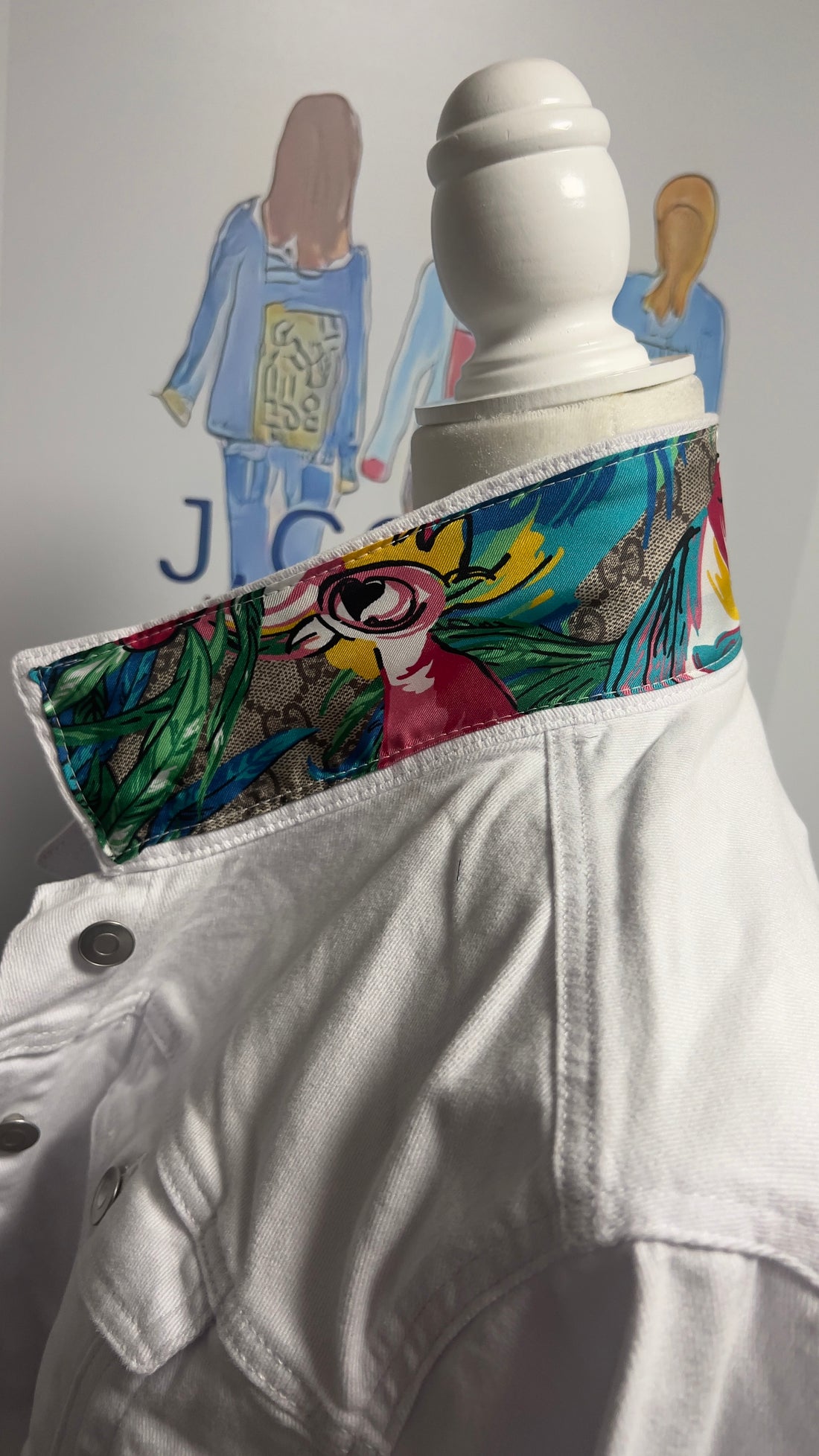 Gucci Pink and Tan Monogram Scarf on Denim Jacket S / White